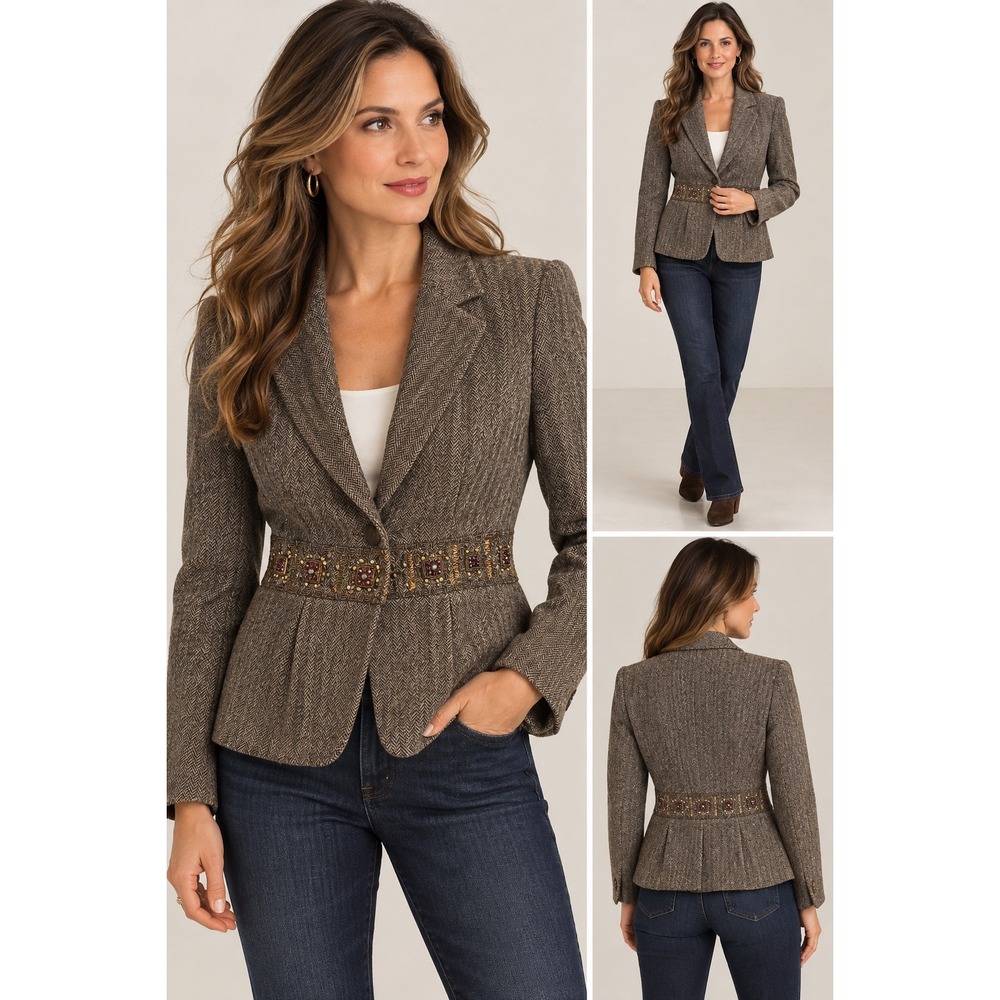Etro Milano Brown Herringbone Tweed Embellished Waist Blazer Jacket Italy
